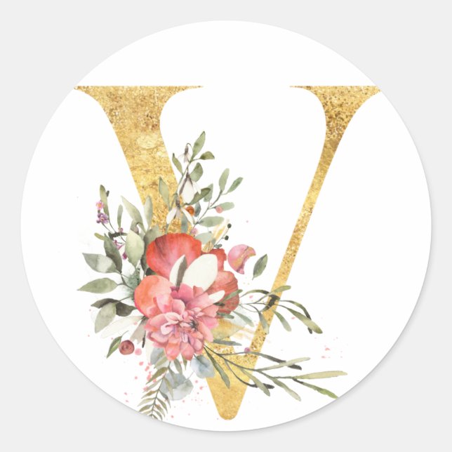 Gold MONOGRAM letter V with flower Classic Round Sticker (Front)