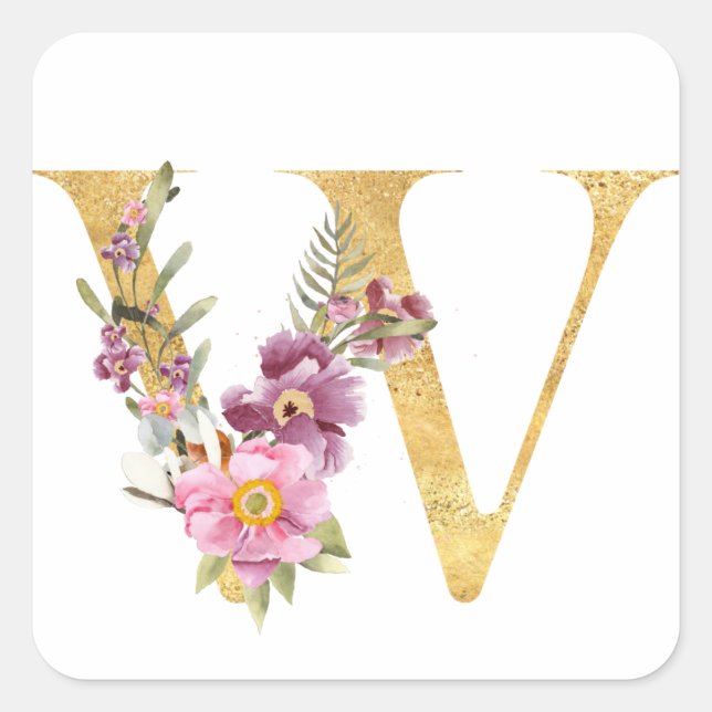 Gold MONOGRAM letter W with flower Square Sticker (Front)