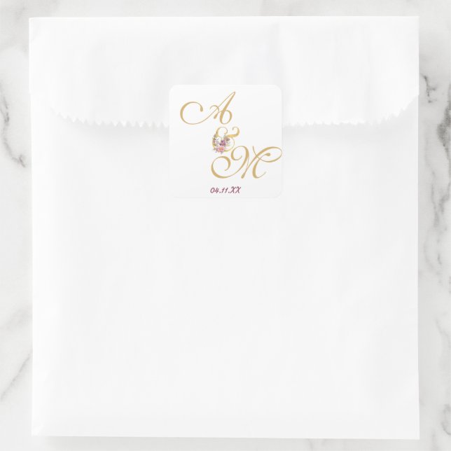 Gold MONOGRAM letter WEDDING PERSONALISED Square Sticker (Bag)