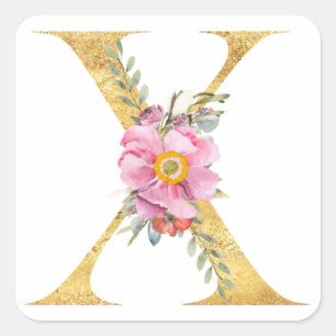 Gold MONOGRAM letter X with flower Square Sticker