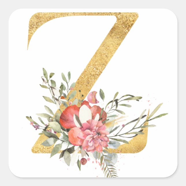 Gold MONOGRAM letter Z with flower Square Sticker (Front)