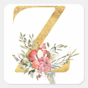 Gold MONOGRAM letter Z with flower Square Sticker