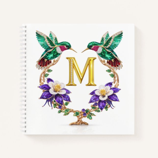 Gold Monogram M Hummingbird Jeweled Wedding Notebook (Front)