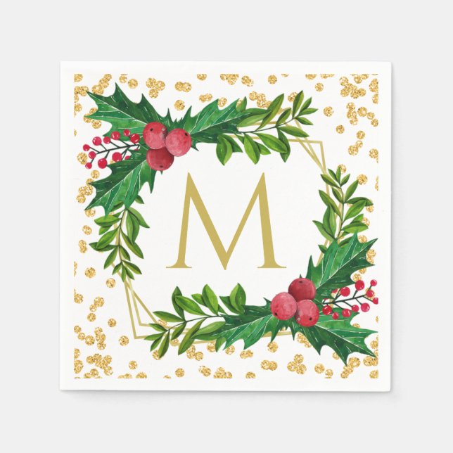 Gold Monogram Merry Christmas Holly Glitter Napkin (Front)
