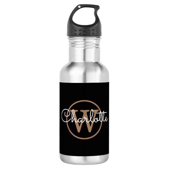 Gold Monogram Modern Script Black  710 Ml Water Bottle (Front)