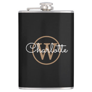 Gold Monogram Modern Script Black Hip Flask