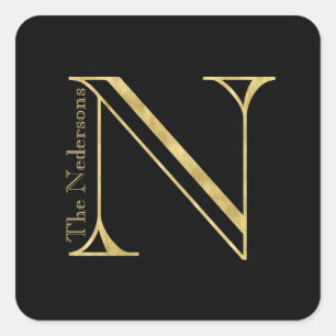 Gold Monogram N and Name on Any Colour Square Sticker