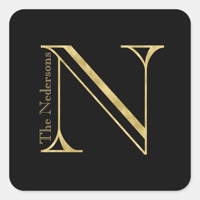 Gold Monogram N and Name on Any Colour Square Sticker (Front)