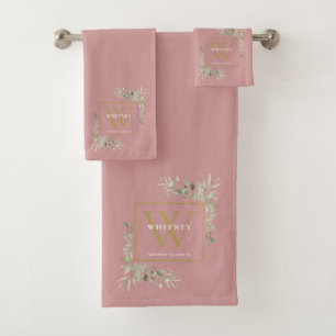 Gold Monogram Name Greenery Dusty Rose Bath Towel Set