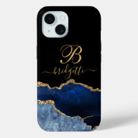 Gold Monogram Navy Blue Black Gold Agate Geode