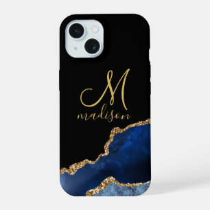 Gold Monogram Navy Blue Gold Glitter Agate iPhone 15 Case