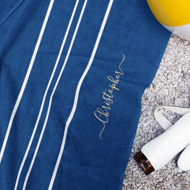 Gold Monogram Navy Blue White Racing Stripes Pool Beach Towel (Gold Monogram Navy Blue White Racing Stripes Pool Beach Towel)