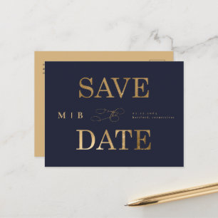 Gold Monogram Navy Contemporary Save the Date Ann Announcement Postcard