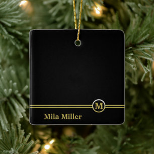 Gold Monogram on black background  Ceramic Ornament