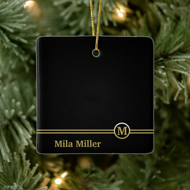 Gold Monogram on black background  Ceramic Ornament (Tree)