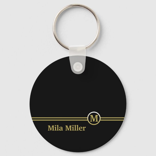 Gold Monogram on black background  Keychain (Front)