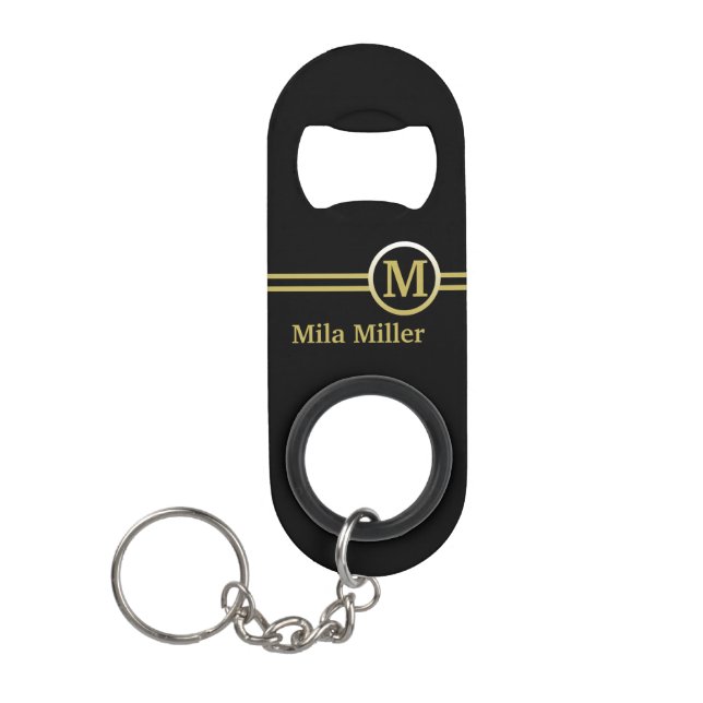 Gold Monogram on black background  Keychain Bottle Opener (Front)