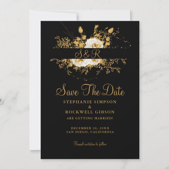 Gold Monogram On Black Bride Groom Name Wedding   Save The Date (Front)