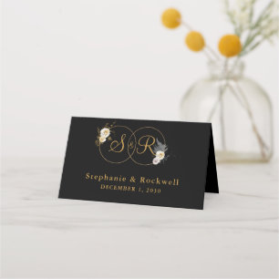 Gold Monogram On Black Name Initial Wedding Place Card