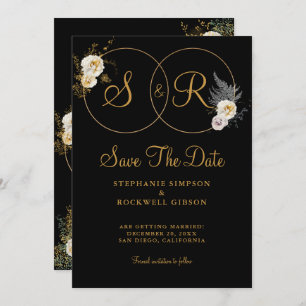Gold Monogram On Black Name Initial Wedding  Save The Date