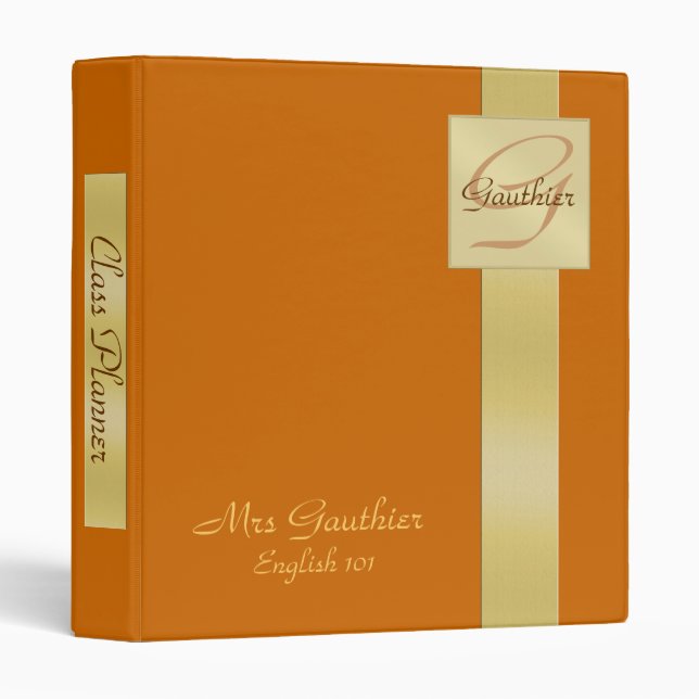Gold Monogram Orange Class Planner Teachers Binder (Front/Spine)