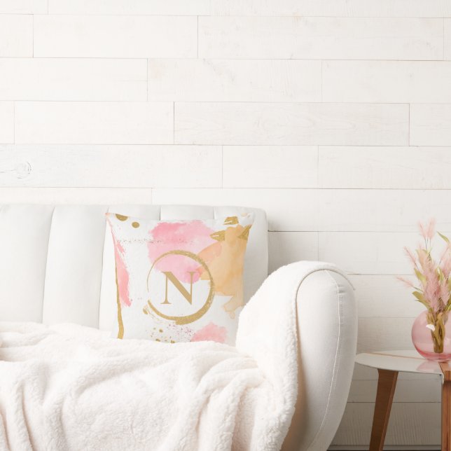 Gold Monogram Pink Peach Modern Abstract  Throw Pillow (Couch)