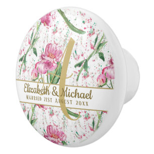 Gold Monogram Pink Peonies Green Leaves Newlyweds Ceramic Knob