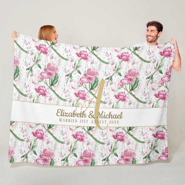 Gold Monogram Pink Peonies Green Leaves Newlyweds Fleece Blanket (In Situ)