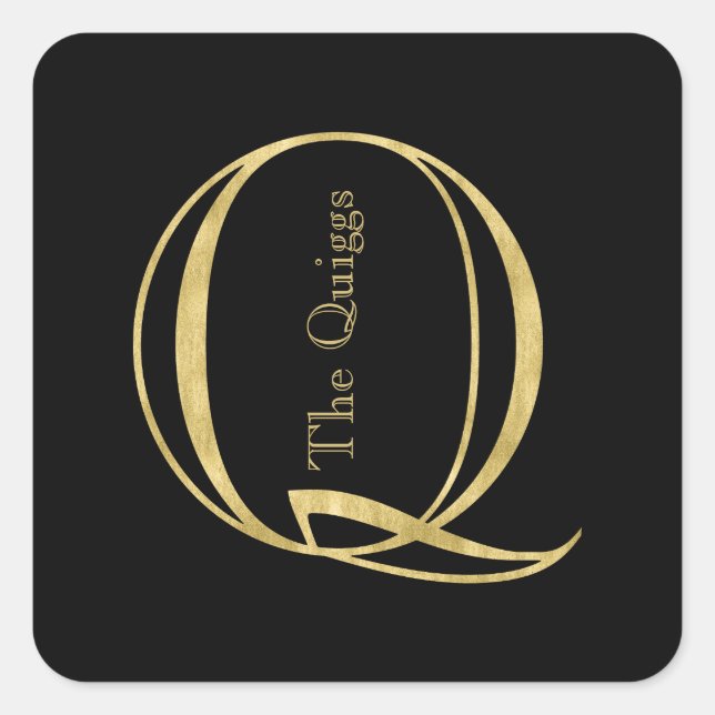 Gold Monogram Q and Name on Any Colour Square Sticker (Front)