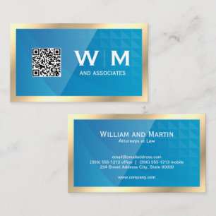 Gold Monogram   QR Code   Blue Geometric Business Card