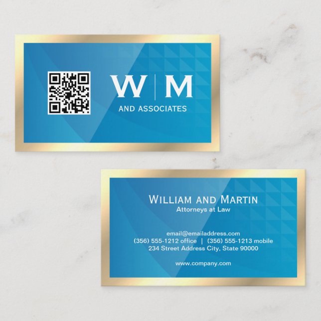 Gold Monogram | QR Code | Blue Geometric Business Card (Front/Back)