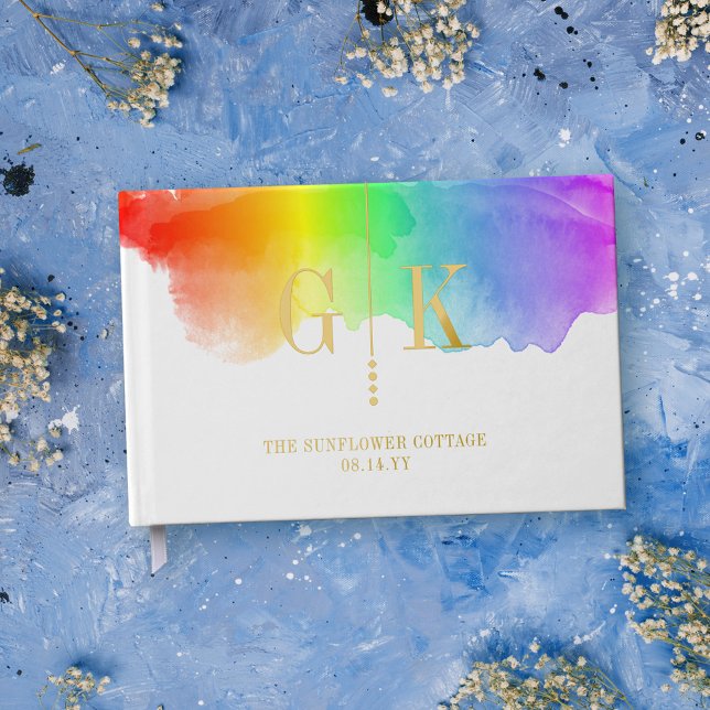 Gold Monogram Rainbow Watercolor LGBTQ Wedding Guest Book (Creator Uploaded)