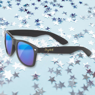 Gold Monogram Retro Cool Black Blue Mirror Party Sunglasses