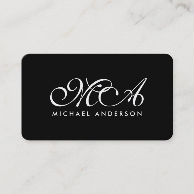 Gold Monogram Script Black Background Business Card (Front)