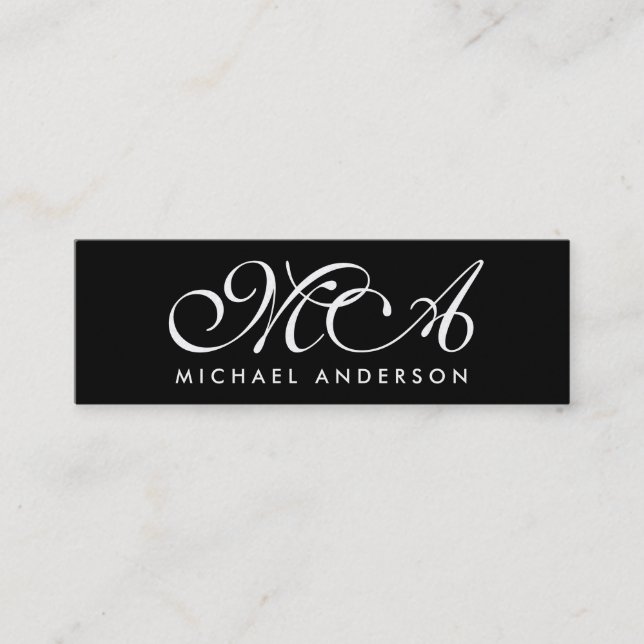 Gold Monogram Script Black Background Mini Business Card (Front)