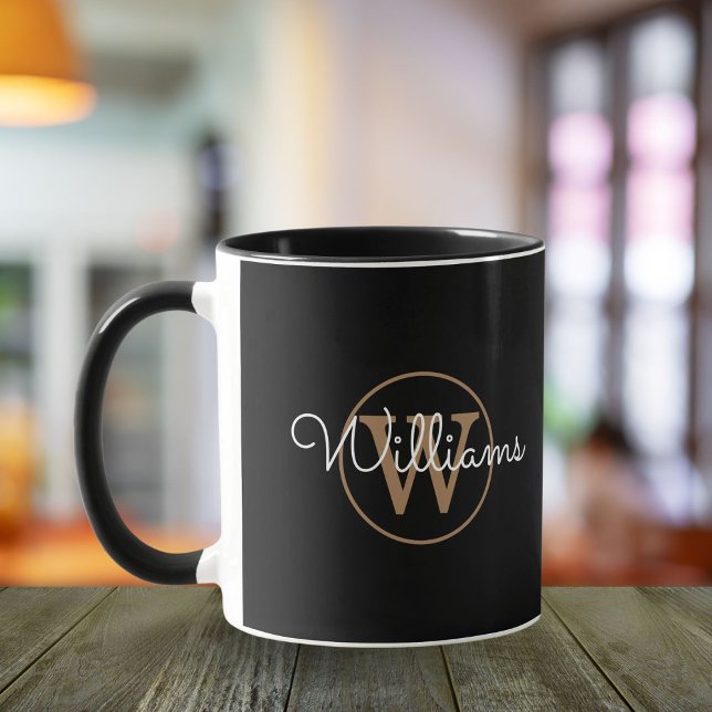 Gold Monogram Script Name Elegant Black Mug (Creator Uploaded)