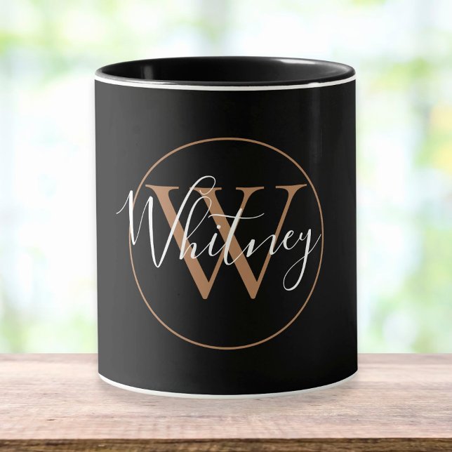 Gold Monogram Script Name Elegant Black Mug (Creator Uploaded)