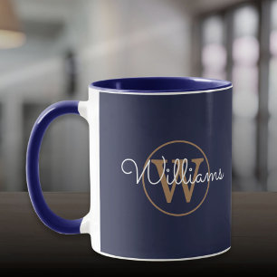 Gold Monogram Script Name Navy Blue Mug