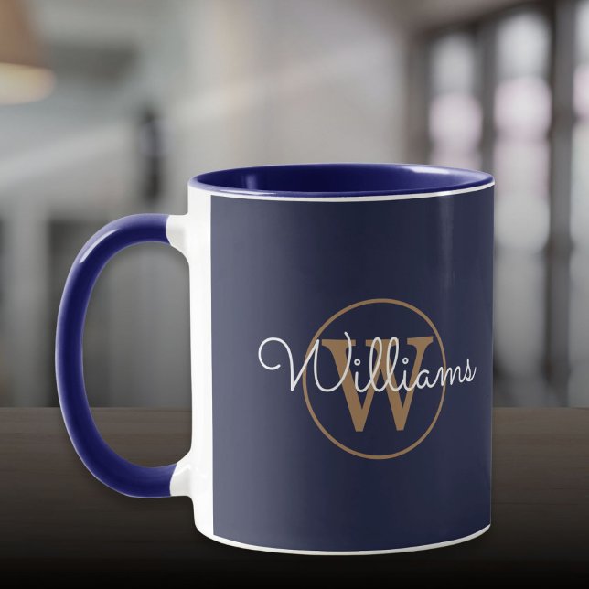 Gold Monogram Script Name Navy Blue Mug (Gold Monogram Script Name Navy Blue Mug)