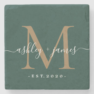 Gold Monogram Script Names Wedding Date Dark Green Stone Coaster