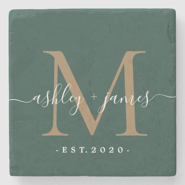 Gold Monogram Script Names Wedding Date Dark Green Stone Coaster (Front)