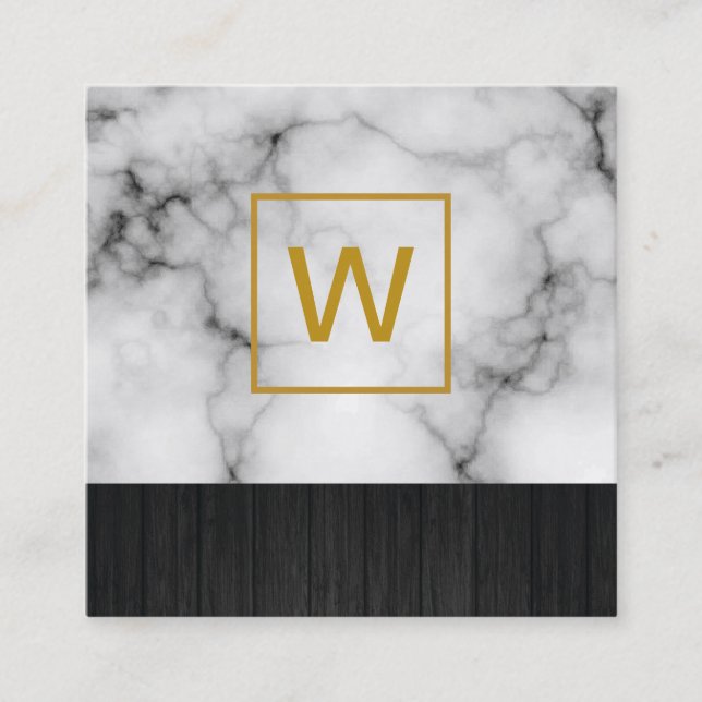Gold Monogram Square Marble Square Business Card (Front)
