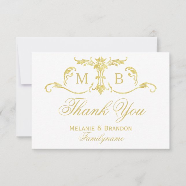 Gold monogram Thank You cards gold wedding set (Front)
