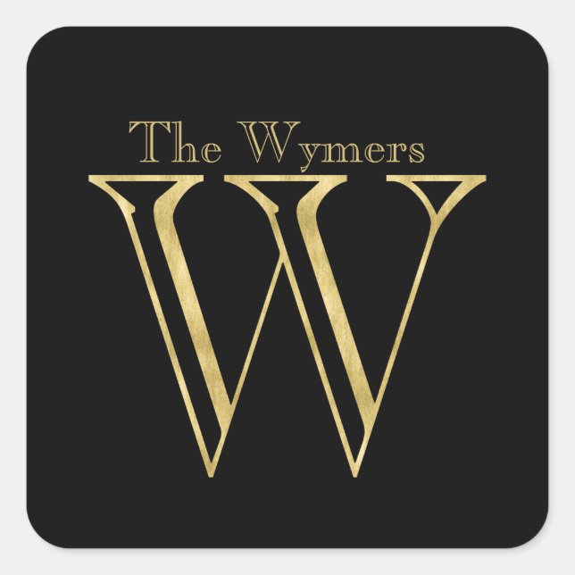 Gold Monogram W and Name on Any Colour Square Sticker (Front)