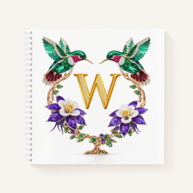 Gold Monogram W Hummingbird Jeweled Wedding Gift Notebook (Front)