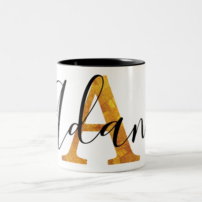 Gold Monogram w/ Personalized Name Two-Tone Coffee Mug (Center)