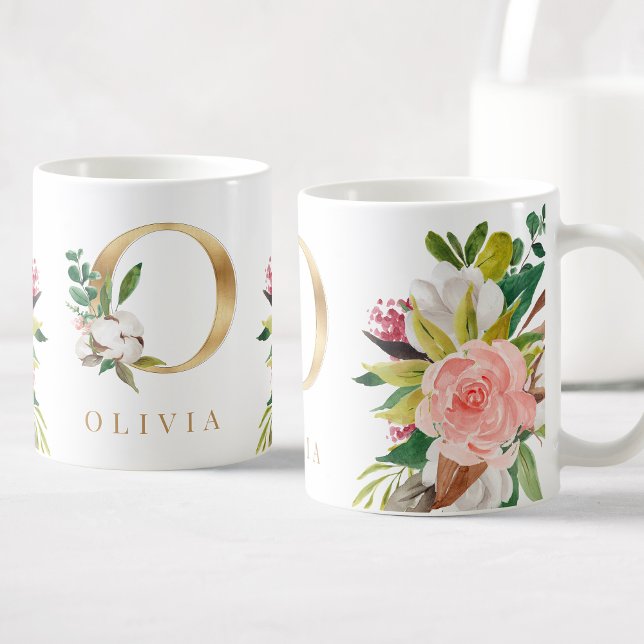 Gold Monogram Watercolor Floral Botanical Coffee Mug (Creator Uploaded)