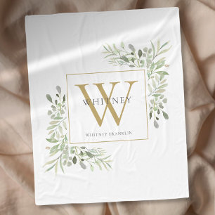Gold Monogram Watercolor Greenery Fleece Blanket