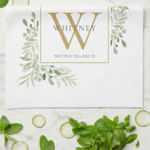 Gold Monogram Watercolor Greenery Kitchen Towel