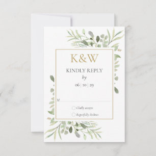 Gold Monogram Watercolor Greenery Wedding RSVP Card